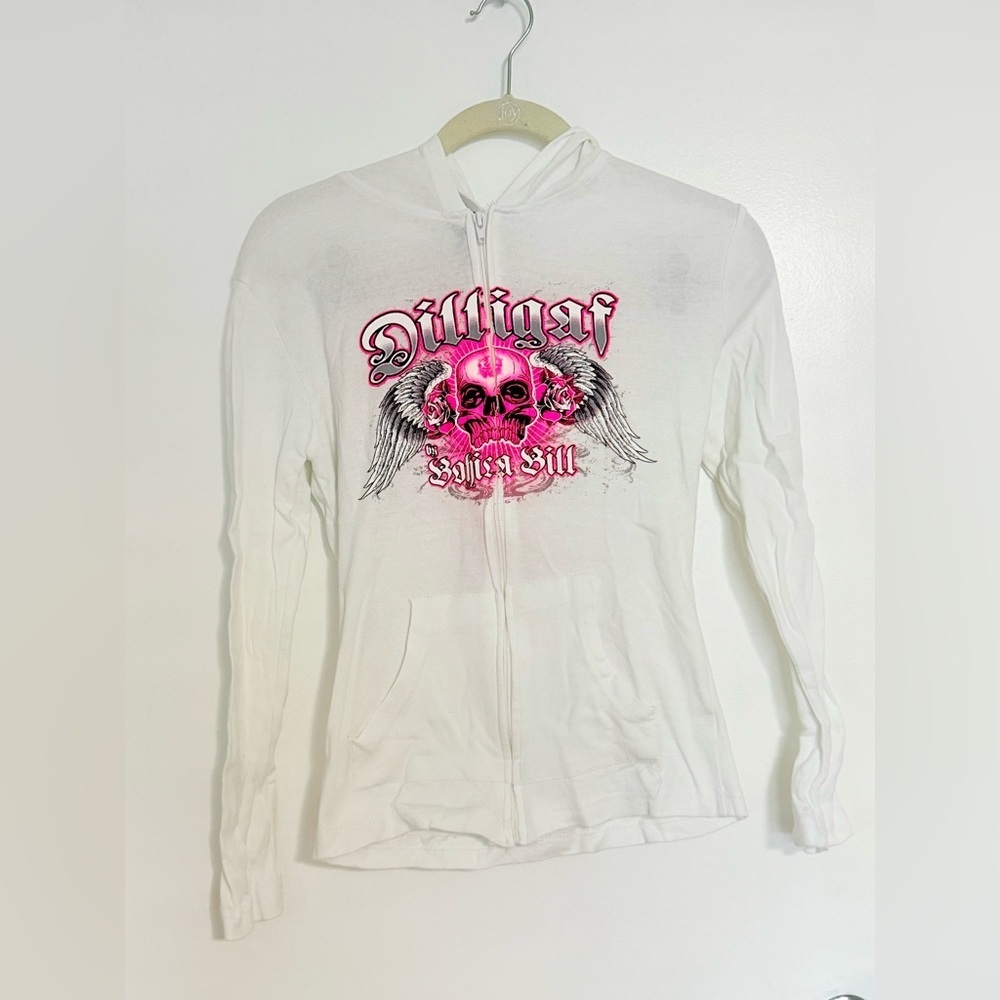 DILLIGAF White Zip Up Hoodie